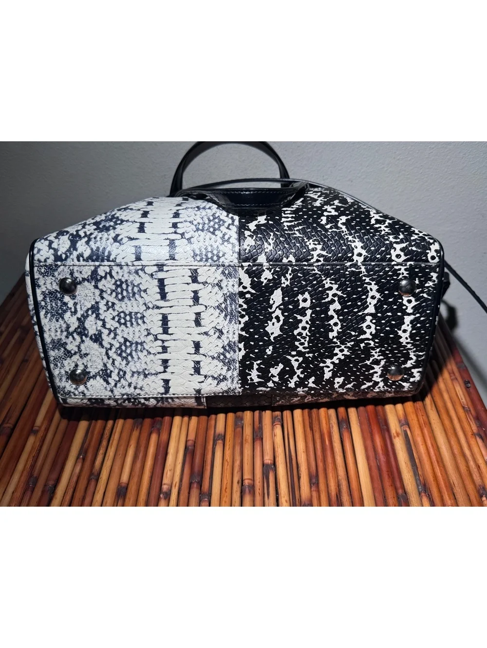 Coach Nancy Satchel 2014 Python Embossed Cowhide Leather Black White Patent